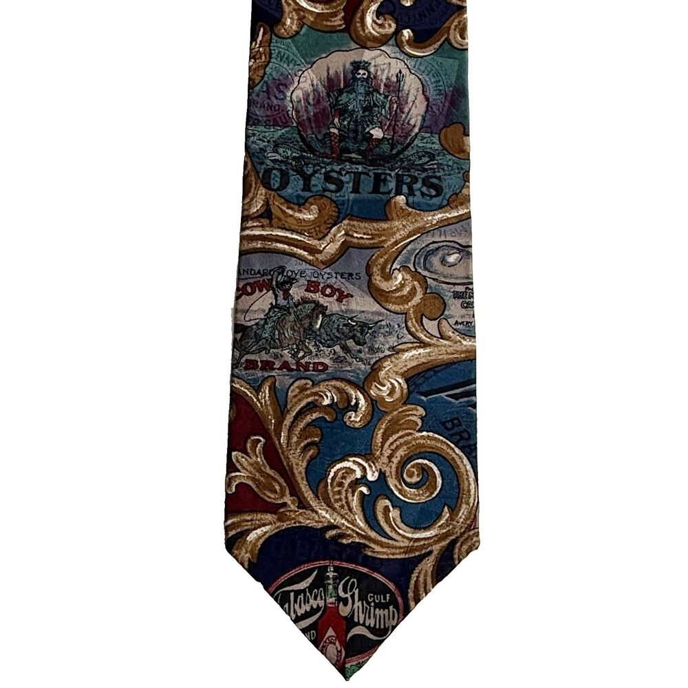 TABASCO Hot Sauce Men's Silk Tie Gold Blues Ocean Seafood Cowboy Novelty 57" x4"